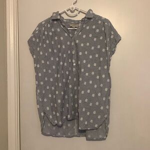 Loft Blue Striped Short Sleeve Button Up Blouse Size Medium